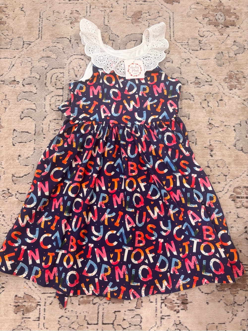 NWT Cheeky Plum Alphabet Print Girls Dress with White Eyelet Collar